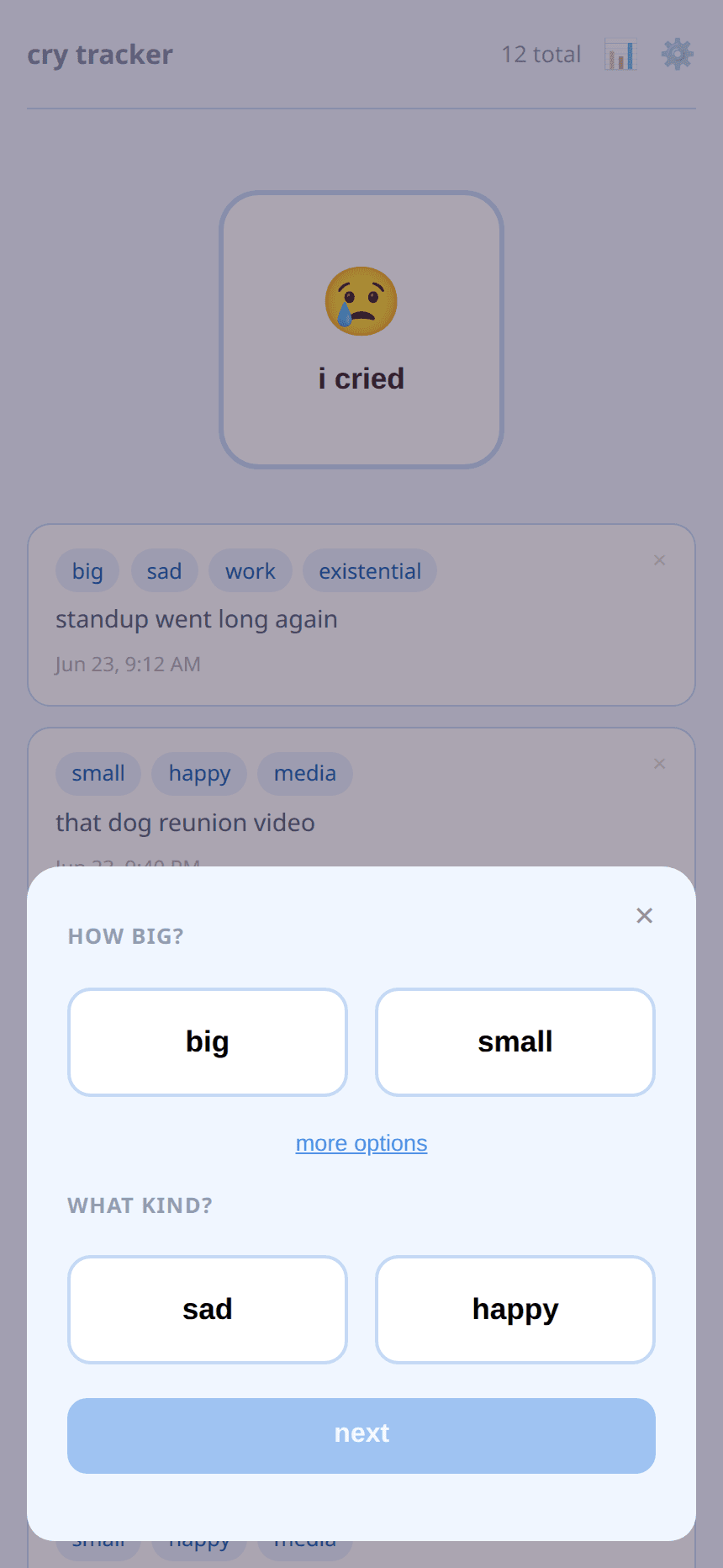 Logging a cry — pick a size, a valence, and one or more triggers