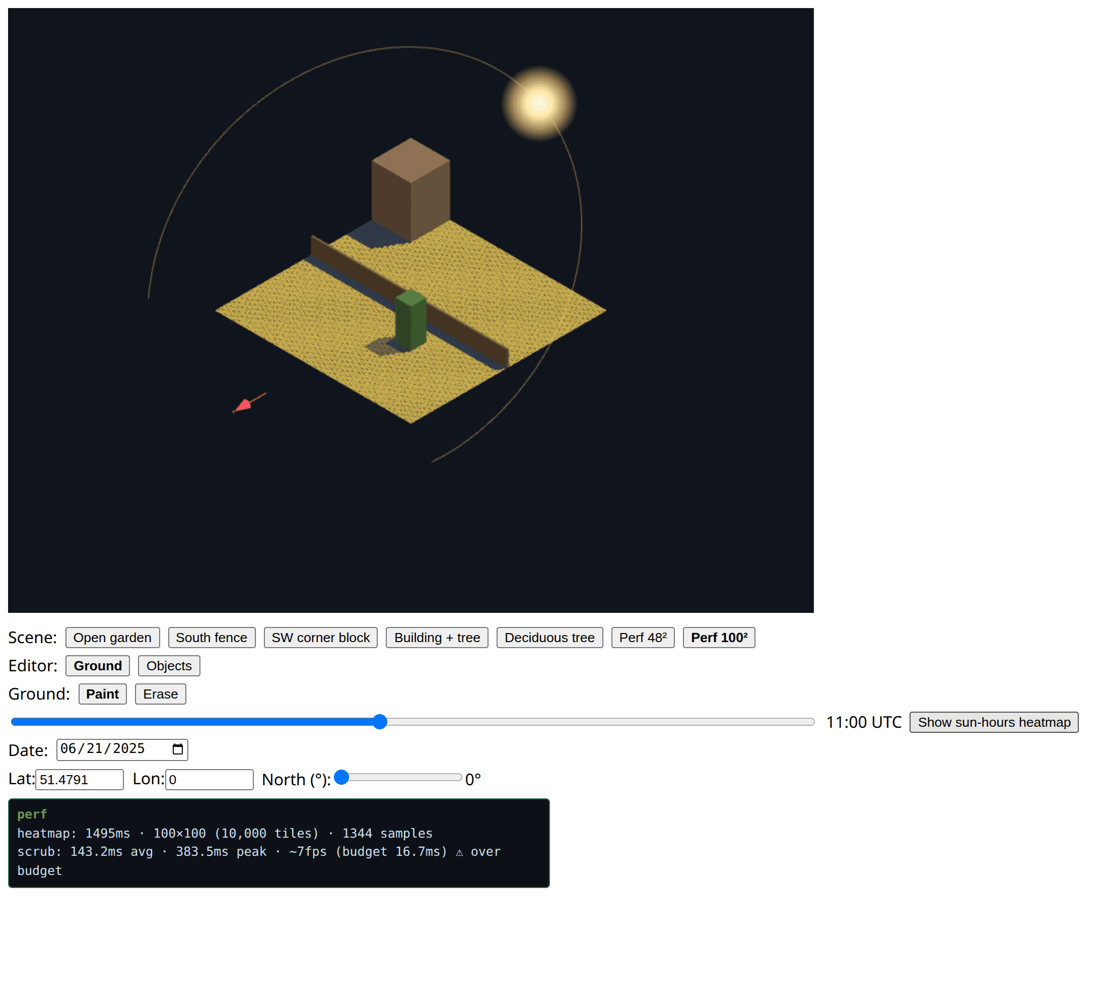 The in-app performance HUD, used to verify the 60fps ceiling under stress